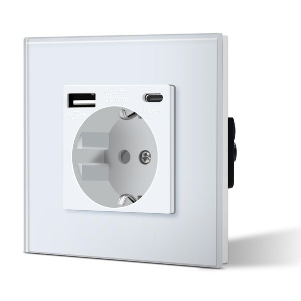 BSEED Schuko Socket, Glass, White Frame, 3-in-1 Flush-Mounted 16 A Sockets, 1 Way with 2.1 A USB Charging Power and Type C Adapter Charging Station, Easy Installation, 3 wires Required, White
