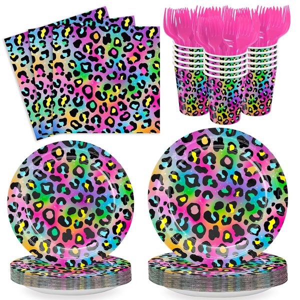 XIENBLOC 120pcs Neon Rainbow Leopard Birthday Party Supplies Plates Napkins Cheetah Girl's Sparkly Splatter Paper Tableware Set Disposable Cups Pink Forks 24 Guests