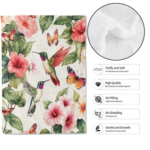 MIEPOS Tropical Hummingbird Throw Blanket, 50x60in, Soft, Lightweight Flannel,Colorful Bird and Butterfly with Hibiscus Flower Blankets, Gifts for Women, for Cottagecore Home Living Room Decor