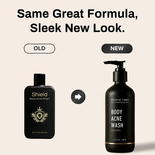 Shield Men's Acne Body Wash for Back, Chest & Shoulders - 4% Benzoyl Peroxide Body Wash, Clears Breakouts & Acne Scars – Unscented with Niacinamide, Glycolic Acid & Ceramides, 8.5 oz