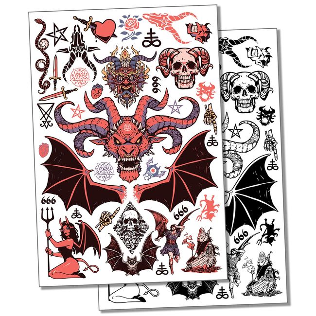 Evil Demons Devils Satanic Halloween Temporary Tattoo Water Resistant Fake Body Art Set Collection - Black (One Sheet)