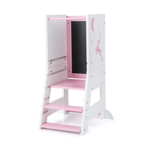 Toddler Kitchen Stool Helper Baby Standing Tower with Chalkboard and Whiteboard-Pink