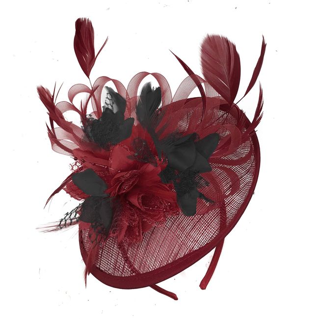 Caprilite Burgundy Dark Red and Black Sinamay Disc Saucer Fascinator Hat for Women Weddings Headband