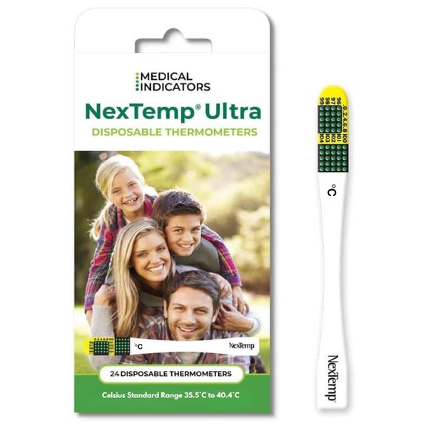 NexTemp Ultra Single-Use Thermometers - Individually Wrapped Disposable First Aid Supplies with High-Accuracy Readings, for Work, Home, and Travel, Celsius, 12-Pack, by Medical Indicators Inc.