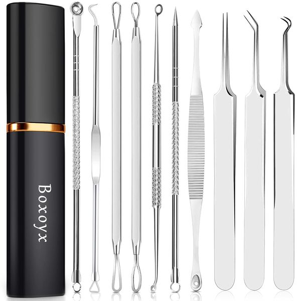 Blackhead Remover Pimple Popping Tool Kit, Boxoyx 10Pcs Professional Pimple Comedone Extractor Popper Tool Acne Removal Kit-Treatment for Pimple, Blackhead, Zit Removing, Forehead,Facial&Nose (Silver)