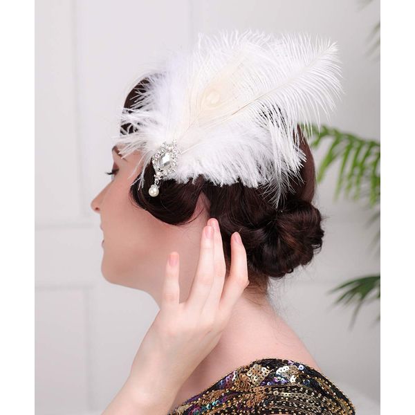 Aimimier 1920s Flapper White Feather Headpiece Crystal Pendant Hair Clip Roaring 20s Feather Accessories Masquerade Hair Jewelry for Women and Girls