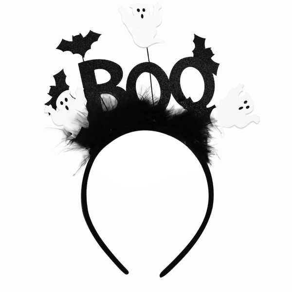 JoviaFesta Halloween Headband BOO Ghost Halloween Costume Party Accessories for Girls Pumpkin Spider Web Ghost Bat Witch Hat Natural Feather Hair Hoop Head Bopper (Ghost)