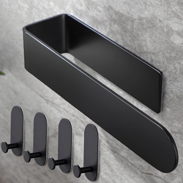 Taozun Hand Towel Holder/Hand Towel Bar - Black Towel Rack with 4 Pack Self Adhesive Hooks for Bathroom Wall Kitchen, Towel Holder Set Stick on Wall