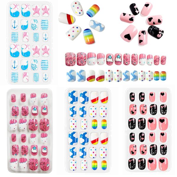 96 Pieces Kids Fake Nails with Nail Glue, Pre-glue Full Cover Short False Nails Lovely, Ready to Wear Press-On Gel Nails for Children girl (White,Pink,Blue, One Size)