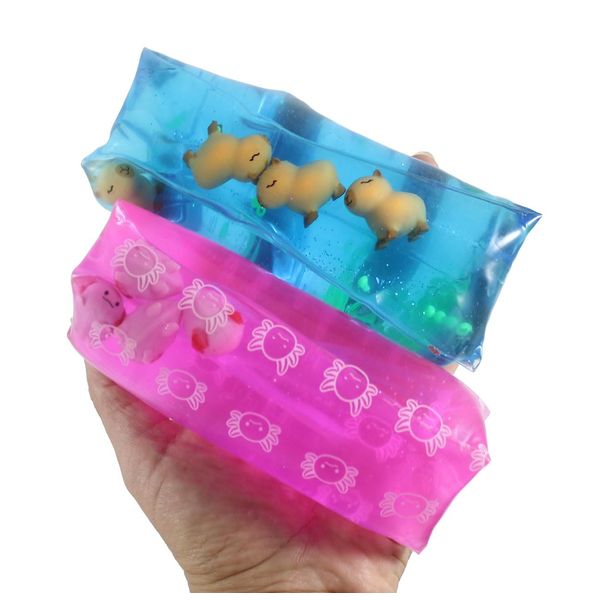 Set of 2 Animal Water Wigglers - Axolotl and Capybara Animal Water Filled Tube Snake Stress Toy - Squishy Slippery Sensory Fidget (Random Colors)