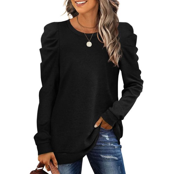 LCXWFE Womens Puff Sleeve Tops Dressy Casual Crew Neck Long Sleeve Shirts Tunic top Black