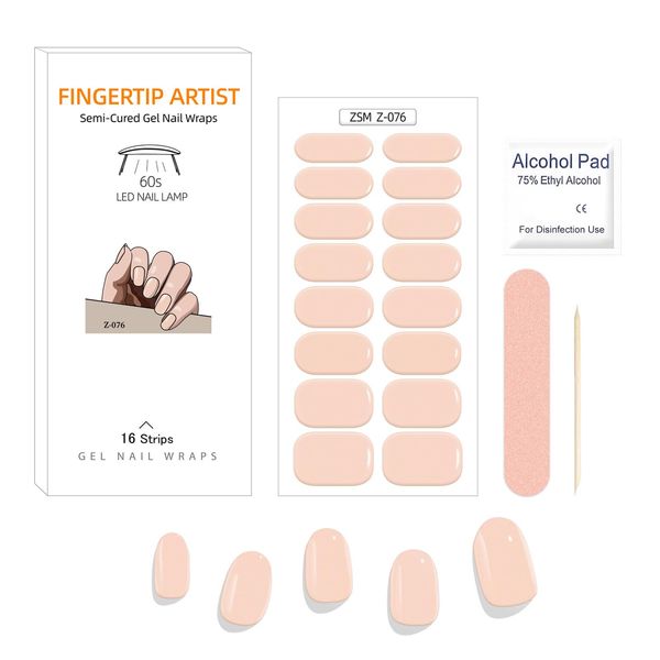 16Pcs Semi Cured Gel Nail Strips, Salon-Quality Glitter Self-Adhesive Gel Nail Polish Stickers, Solid Color Gel Nail Wraps French Manicure Kit with 2 Prep Pads, Nail File & Wooden Stick - Milky Pink