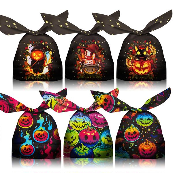 Halloween Treat Bags 100pcs, Kids Small Halloween Goodie Bags Candy Bags Bulk, Plastic Halloween Bags for Trick or Treat, Party Favor, Popcorn, Snack and Cookie with Pumpkin, Ghost，Cat Elements