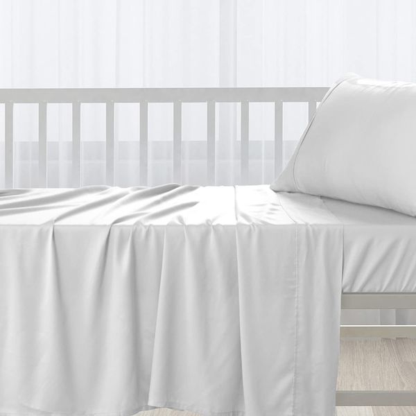 Pizuna Cotton Flat Crib Sheet Baby 70 X 100cm White, 1pc 400 Thread Count 100% Long Staple Combed Cotton Luxurious Sateen Weave Baby Bed Sheets With Stylish 5cm Hem By