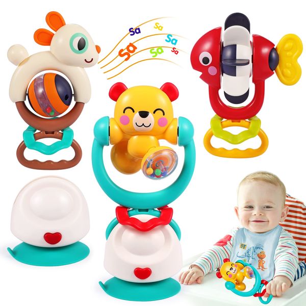 Baby Toys 6-12 Months Infant Toys Set of 3 High Chair Suction Cup Rattle Teething Toys for Baby 6 7 9 12-18 Months 2-in-1 Sensory Development Tray Toy Baby Gifts Boys Girls Easter Basket Stuffers