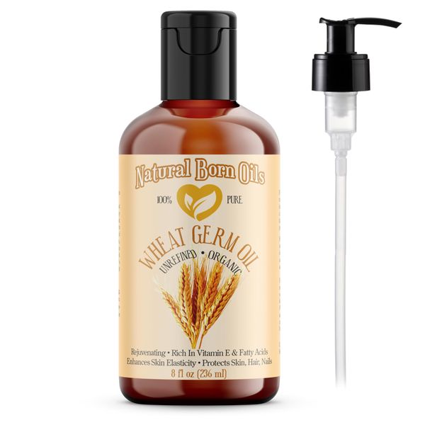 Natural Born Oils Wheat Germ Oil, 8oz, Organic, Cold-Pressed, Unrefined, Vitamin E Powerhouse, Ideal for Moisturizing Skin, Strengthening Hair