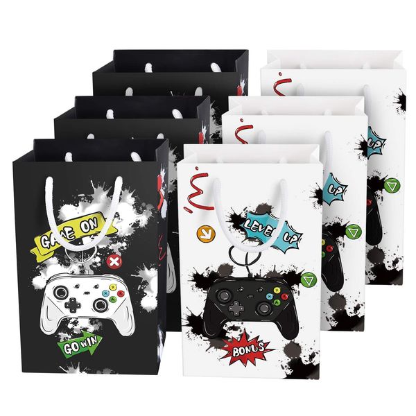 Watercolor Video Game Party Bags - 16 Pack Goodie Bags for Boys Kids Game Theme Party Supplies Favor Bag Candy Treat Loot Gift Bags with Handle (Black & White)