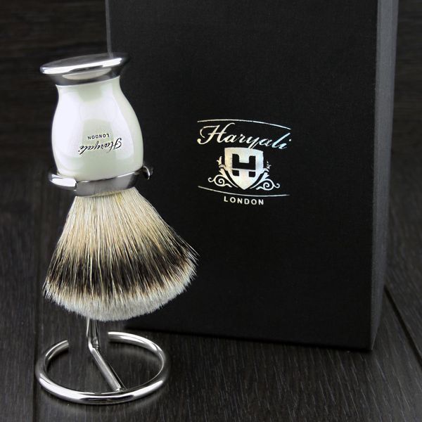 White Badger Hair Men's Shaving Brush with Black & Metal Handle & Chrome Stand