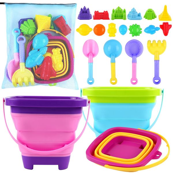 Oun Nana Beach Toys, 21 PCS Sand Toys for Kids, Sandbox Toys with Collapsible Beach Buckets and Shovels Set, Sand Castle Kit, Sand Molds, Mesh Bag, Travel Beach Sand Toys for Kids Toddlers Boys Girls