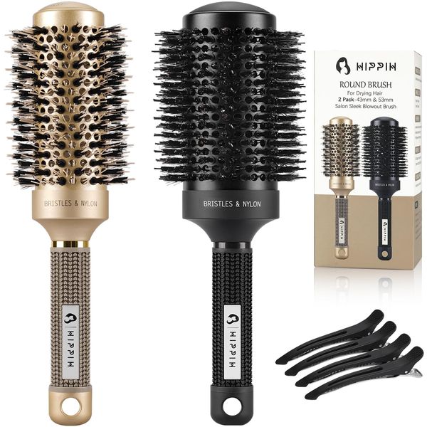 Round Brush for Blow Out 2PCS, HIPPIH Hair Brushes for Women, Thermal Ceramic Round Hair Brush with Boar Bristles, Large Hairbrush for Blow Drying and Styling (Barrel 2.1 Inch & 1.7 Inch) + 4 Clips