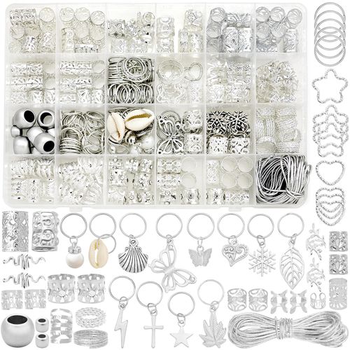 Fscwlmon 309Pcs Hair Jewelry for Women Braids,Hair Loc Cuff Coils Rings for Dreadlock Accessories,Locs Hair Tube Beads Decorations,Braid Clips Hair Charms Braids Accessories Silver