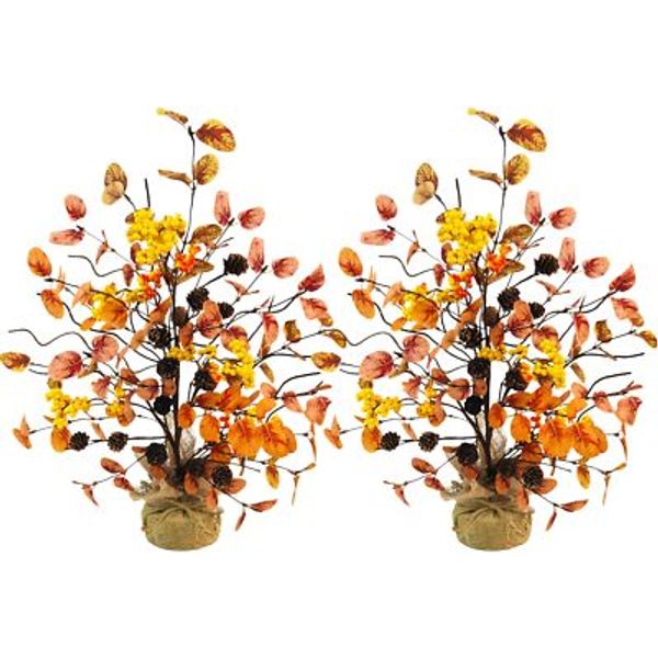 2 Pcs Artificial Fall Tree Tabletop Decor 22.5 Inch Fake Autumn Trees with Eu...