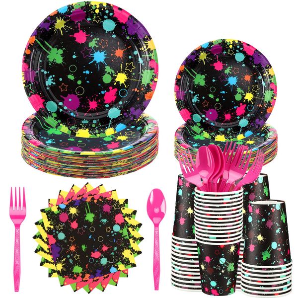 180 Pcs Neon Birthday Party Paper Plates and Napkins Cups Supplies Disposable Glow Tableware Decorations Utensils Included for Glow in the Dark Party Decorations, Serve 30 Guests