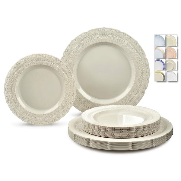 " OCCASIONS " 50 Plates Pack (25 Guests)-Extra Heavyweight Vintage Wedding Disposable/Reusable Plastic Plates -25 x 11'' Dinner + 25 x 8.25'' Salad /dessert (Chateau Collection Ivory)