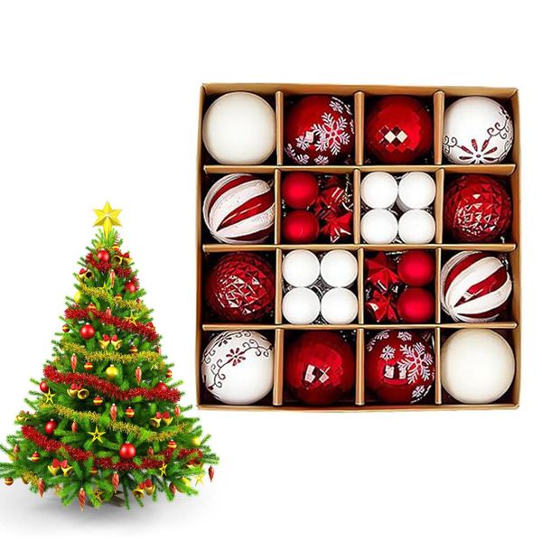 44pcs Christmas Tree Decorations - Red White Baubles, Xmas Ball Ornaments 3cm & 6cm Mini Baubles, Plastic Bulbs for Home, Party & Wedding Decor
