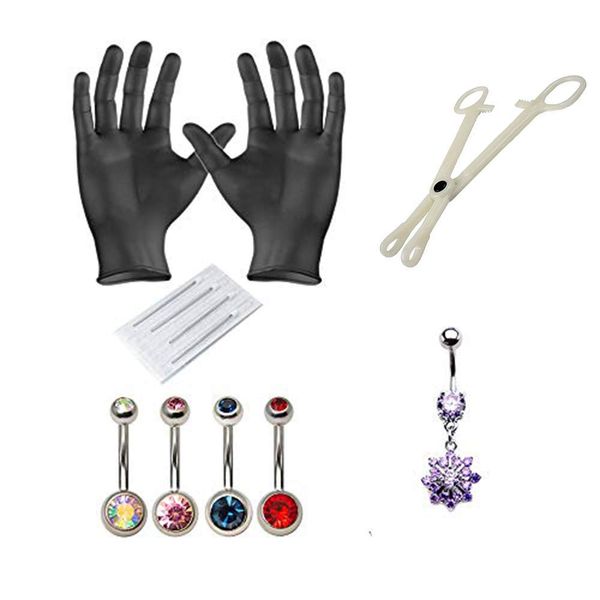 BodyJewelryOnline Belly Piercing Kit [10 Pieces], Includes [4 Belly Rings (14 Gauge), 4 Needles (14 Gauge), 1 Forceps, Gloves], Free Dangle Belly Ring, Hypoallergenic