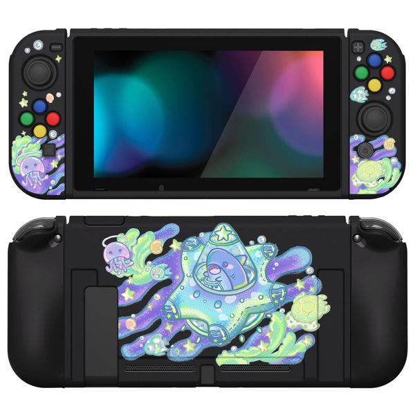 PlayVital ZealProtect Soft Protective Case for Nintendo Switch, Flexible Cover Protector for Switch with Tempered Glass Screen Protector & Thumb Grips & ABXY Direction Button Caps - Shark Quest