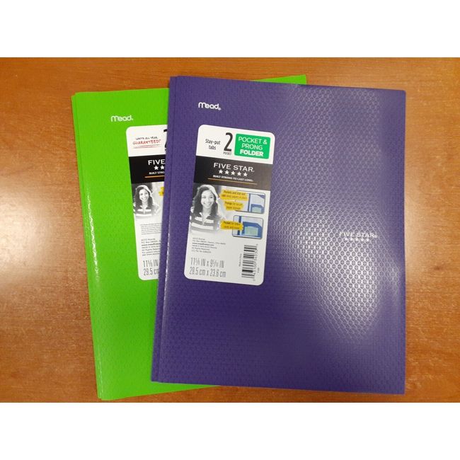 2Pk: Five Star 2-Pocket Stay-Put Folders w/Prong Fasteners, Green & Purple -E5C