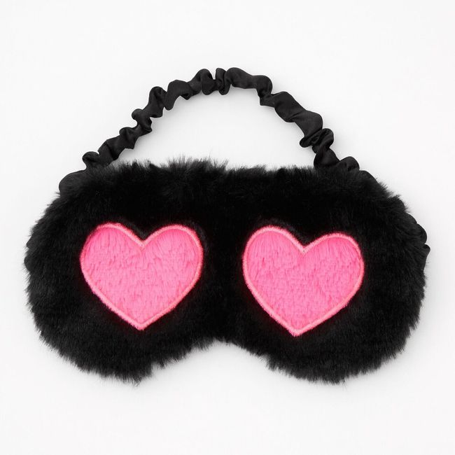 Pink Hearts Black Sleep Mask Fuzzy Furry Soft Sleep Aid Plush Sleeping Mask NWT