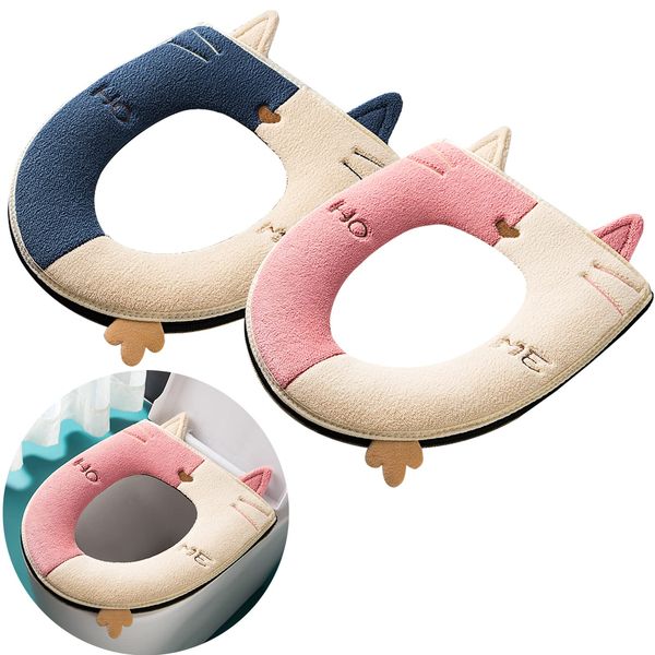 Thickened toilet seat cushion cover is universal, warm, washable and reusable 2 pcs (Blue + Pink)