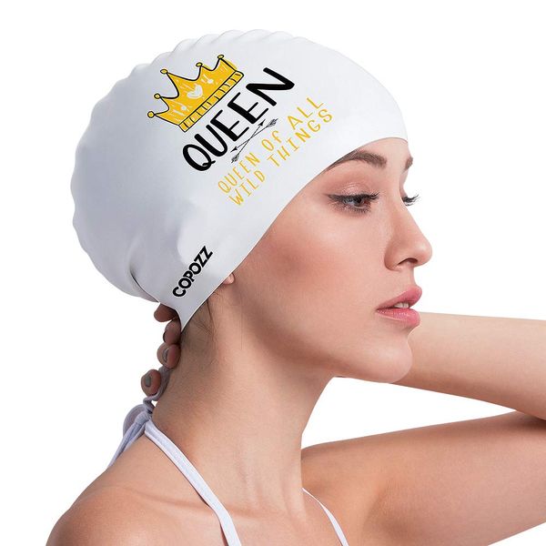 COPOZZ Swim Cap for Women, Silicone Waterproof Comfy Swimming Bathing Cap for Long Hair with Crown Printed