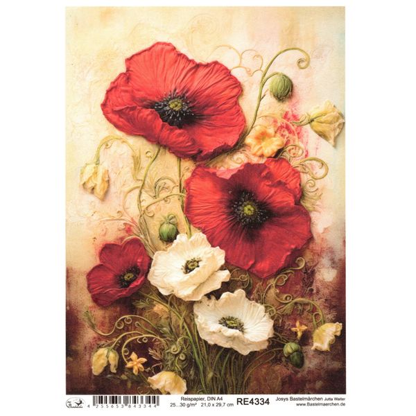 Josys Bastelmärchen Reispapier A4 Strohseide Vintage Scrapbooking Blumen Mohnblumen RE4334