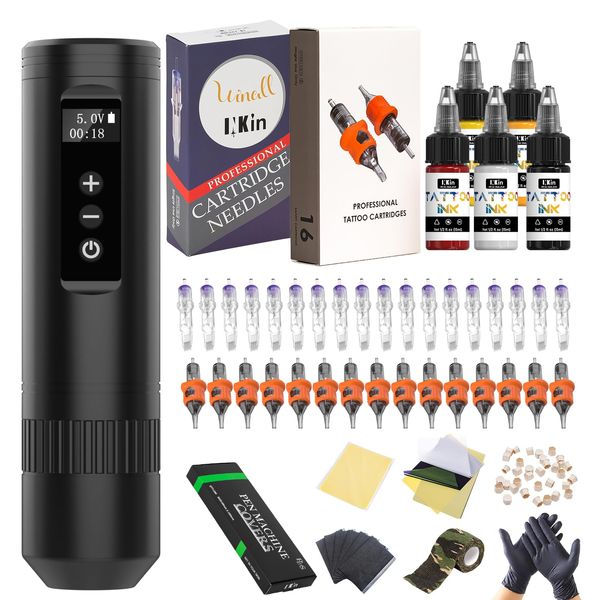 INKin Tattoo Maschine Set Anfänger, Kabelloser Tattoo Set mit Zweiten 1600mAh Akku Stromversorgung, 3.5 Hublänge Rotations Tattoo Pen mit Tattoo Nadeln Set und Tattoo ink für Tattoo Künstler