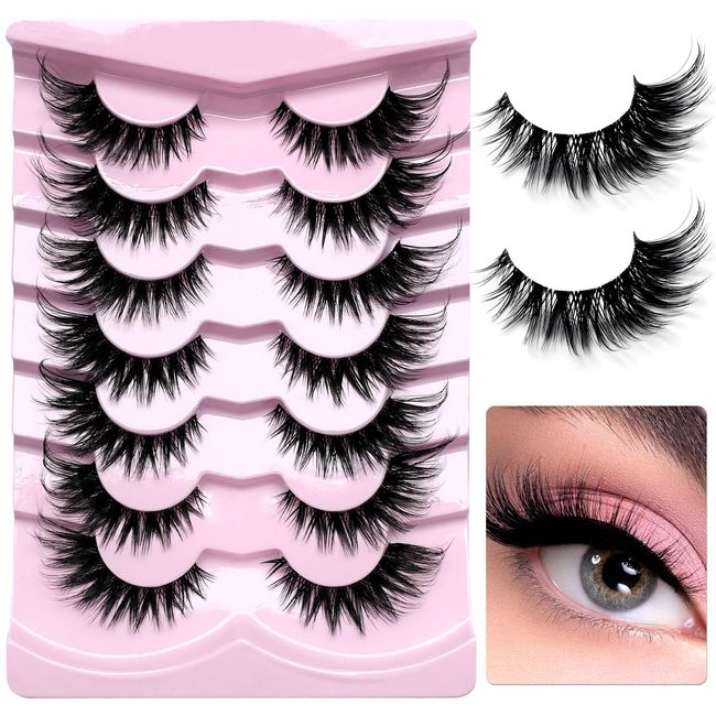 LoveOurHome 7 Pairs Fake Eyelashes Fluffy False Eyelashes Cat Eye Faux Mink Wispy Lashes Natural Look Lash Extension Eye Lashes 9-22mm 6D Volume Strips False Lashes & Tweezers for Women Teen Girls