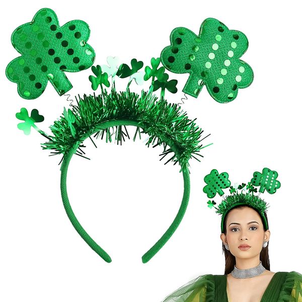 Doneace Sequins Shamrock Headband, St Patrick's Day Glitter Clover Hair Band Irish Green Boppers Hair Hoop for Women Girl Celebration Parade Hair Accessories Decoration Party Supplies