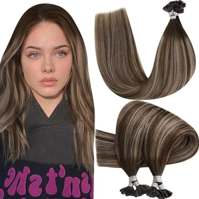 Bonding Extensions Echthaar Braun Balayage Bondings Extensions Echthaar Keratin Haarverlangerung Balayage Dunkelbraun mit Aschblond bis Dunkelbraun #4/18/4 50g 55 cm