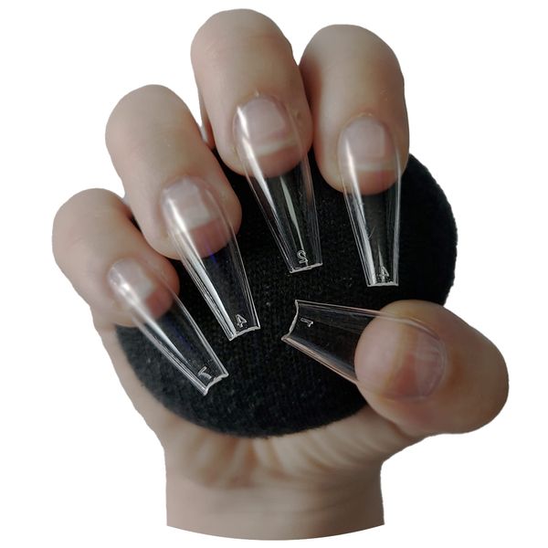 600 Pieces COFFIN Extra Long Tapered CLEAR Full Cover False Nails Glue On Tips - Professional Salon & Home Use.