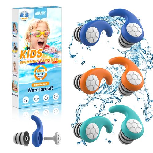 Waterproof Swimming Ear Plugs for Kids - 3 Pairs of Reusable Soft Silicone Swim Earplugs,Ear Protection for Children (4-12 Years Old) - Ideal for Surfing, Diving, Pool, Showering, and Water Sports