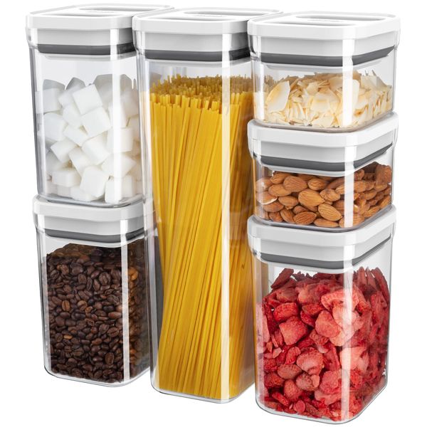 MR.SIGA 6 Piece Airtight Food Storage Container Set, BPA Free Kitchen Pantry Organization Canisters, One-handed Kitchen Storage Containers for Cereal, Spaghetti, Pasta, White