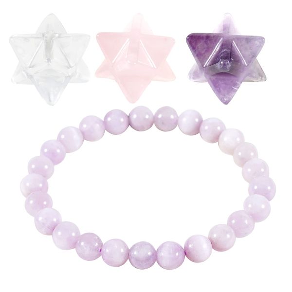 Healing Crystal Natural Mercaba Hexagram Star Amethyst Rose Quartz Crystal White Crystal Ornament Purple Spodumene Stone Beads Bracelet for Beginner Reiki Meditation