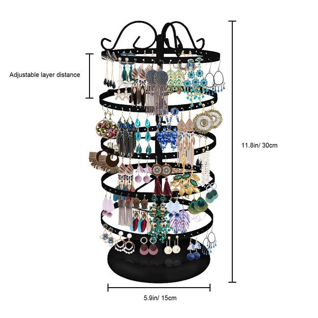 5 Tiers Metal Rotating Earring Holder Organizer, Exquisite Jewelry Display  Stand Necklace Rack Holder, 220 Holes For Earrings- 14x6.3 Inch (Black)