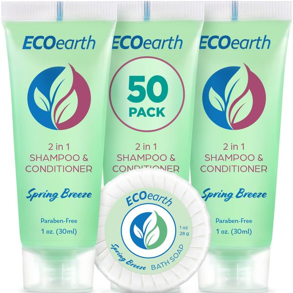 EcoEarth Round Soap Bars, 2in1 Shampoo & Conditioner 2-Piece Set (Spring Breeze, 1 oz each, 100 pc), Delight Your Guests with Revitalizing & Refreshing Hotel Toiletries & Hotel Amenities