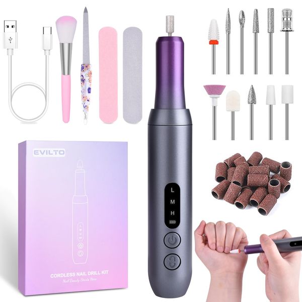 EVILTO Electric Nail Files Cordless, Professional Nail Drill LCD Display With 12 Bits 30000RPM Rechargeable Manicure Pedicure EFile For Gel Nail Polish Acrylic Nails Thick Toenails Removal,Grey purple