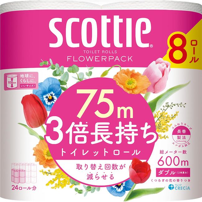 Cressia Scottie Japanese Paper Flower Pack, 3 Times Longer, Double, 29.5 ft (75 m), 8 Rolls x 6 Packs