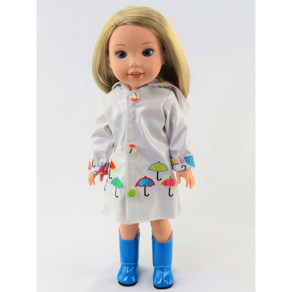 American Fashion World White Raincoat with Electric Blue Rain Boots for 14-Inch Dolls | Premium Quality & Trendy Design | Dolls Clothes | Outfit Fashions for Dolls for Popular Brands