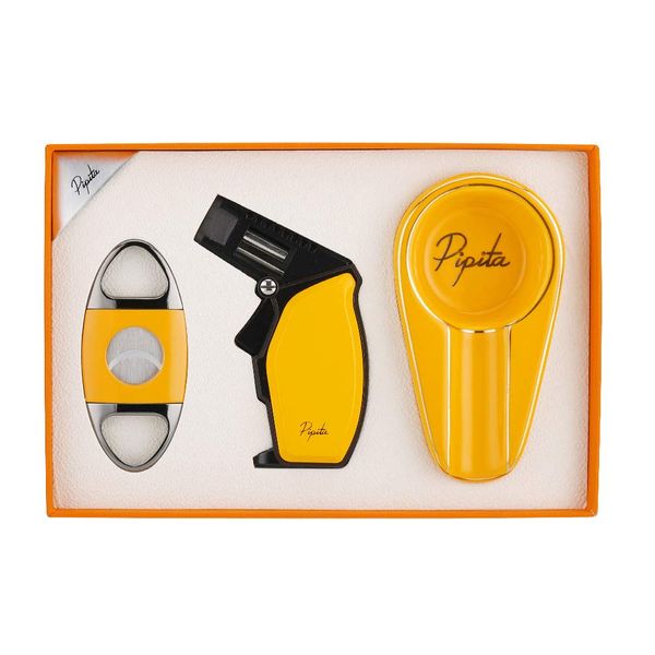 PIPITA Cigar Gift Set (3pcs/Set),Torch Lighter and Cigar Cutter and Ceramic Ashtray , Adjustable Jet Single Flame Butane Lighter Packing with Nice Gift Box